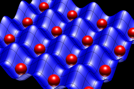 Graph: Atoms (represented by red spheres) represented in a 2D optical lattice potential (represented by the blue surface)
