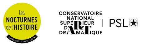 Logos partenaires de l'événement : Les Nocturnes de l'Histoire, le Conservatoire nationale supérieur d'art dramatique et PSL