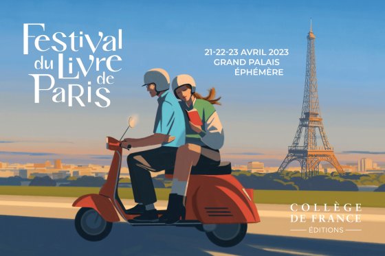 Poster for the 2023 Book Festival showing a couple on scooters, the female passenger reading a book, with the Eiffel Tower in the background under the setting sun