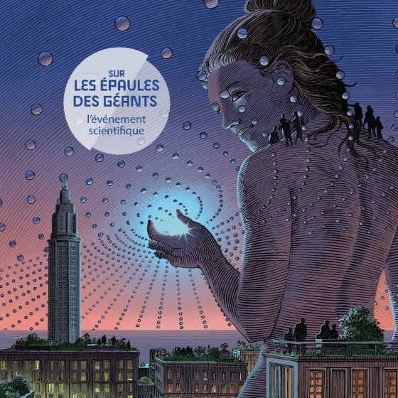 illustration showing a giant woman in the foreground and the city of Le Havre in the background