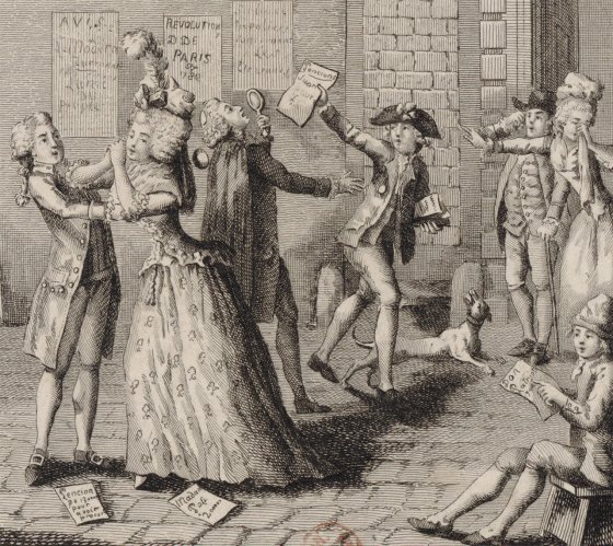 Engraving of women and men in the 18th century