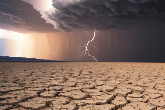 Desert expanse under a stormy sky with lightning