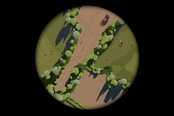 3D drawing of pastures and ploughed fields seen from above