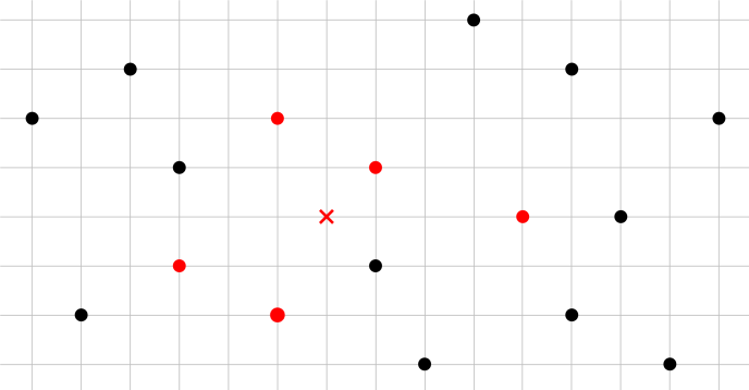 Petits points et croix rouges et noirs aux intersections d'une grille gris clair